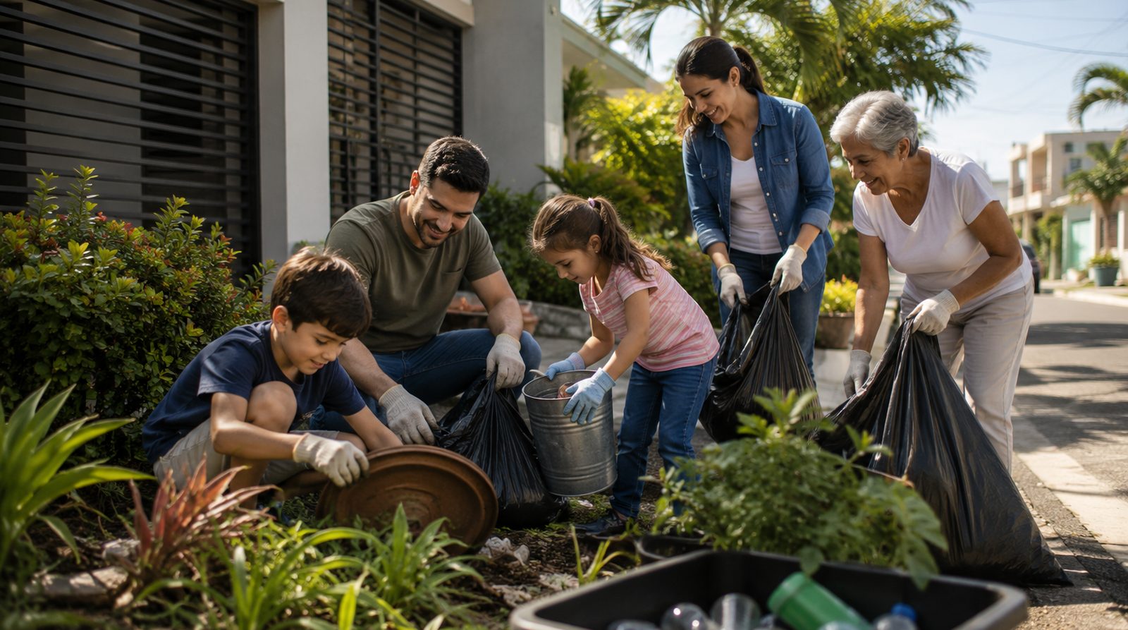 26 de agosto: Día Internacional del Dengue 4 Varias generaciones de una misma familia recogiendo neumáticos y envases con agua acumulada en el patio de su casa