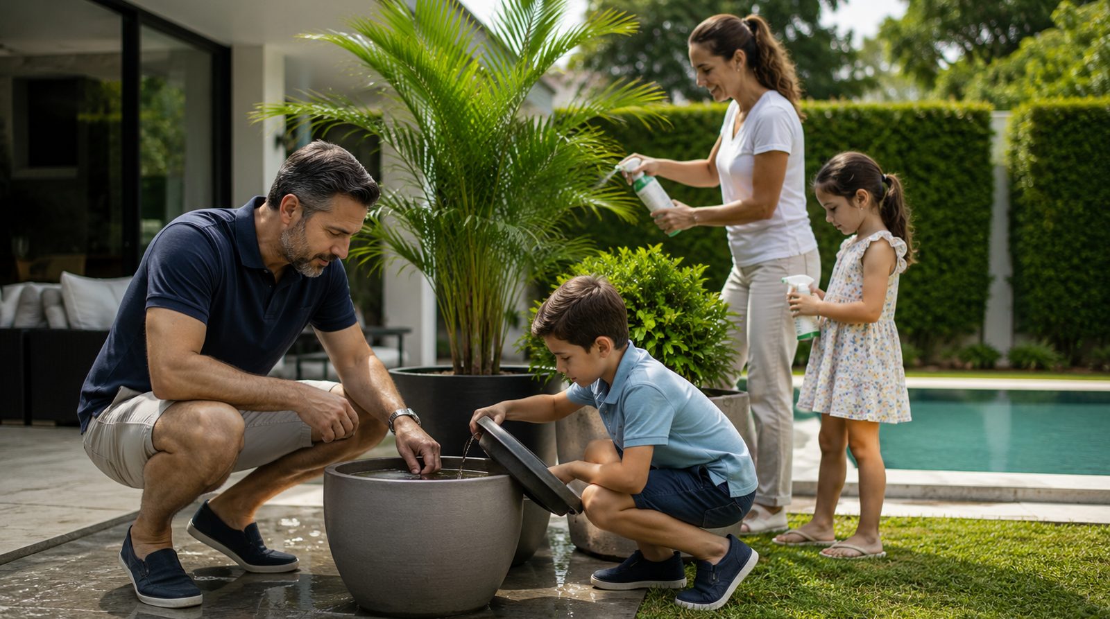 26 de agosto: Día Internacional del Dengue 3 Padre e hijo vaciando el agua acumulada de una maceta grande mientras la madre y la hija aplican repelente junto a la piscina