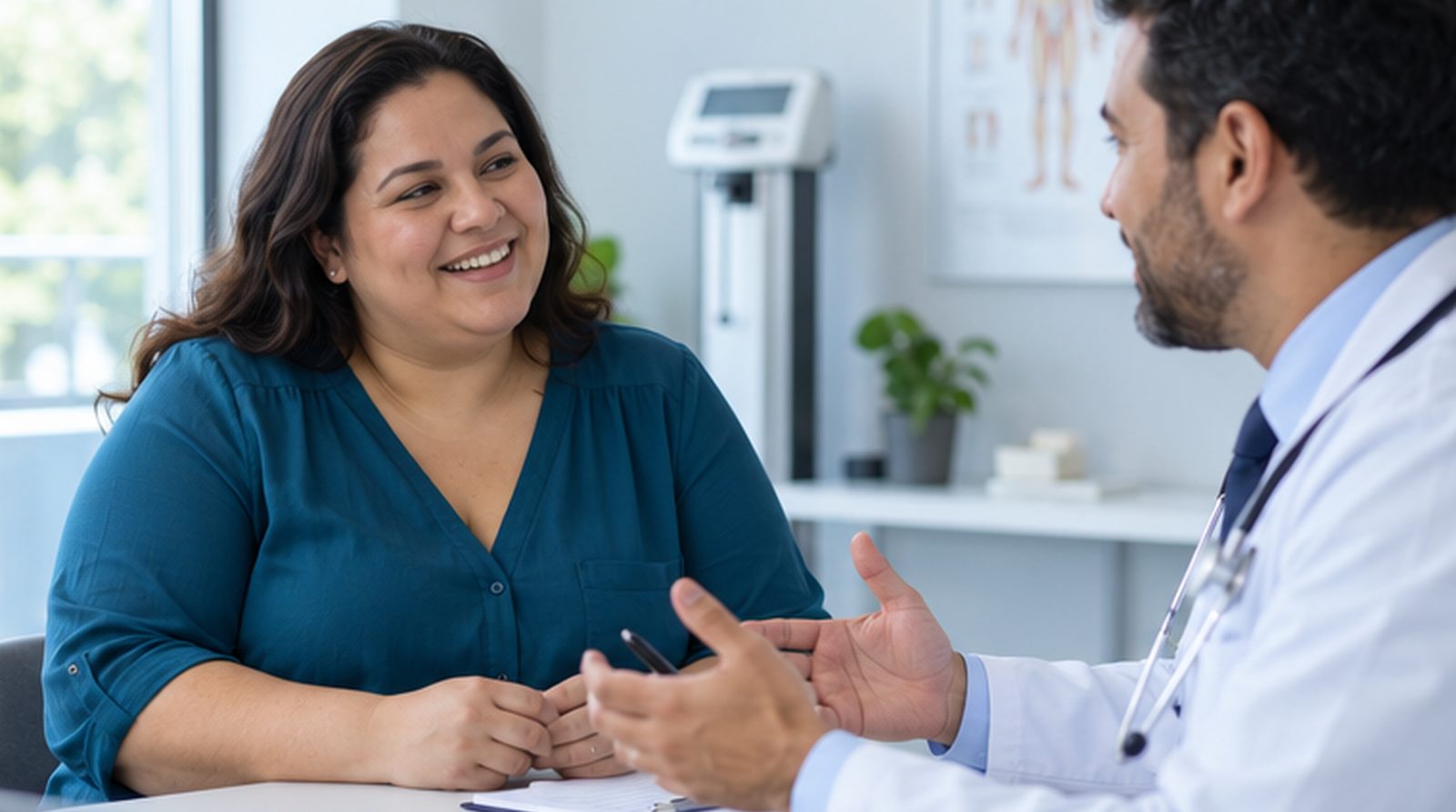 Paciente sonriente conversando con su médico durante una consulta de control de peso