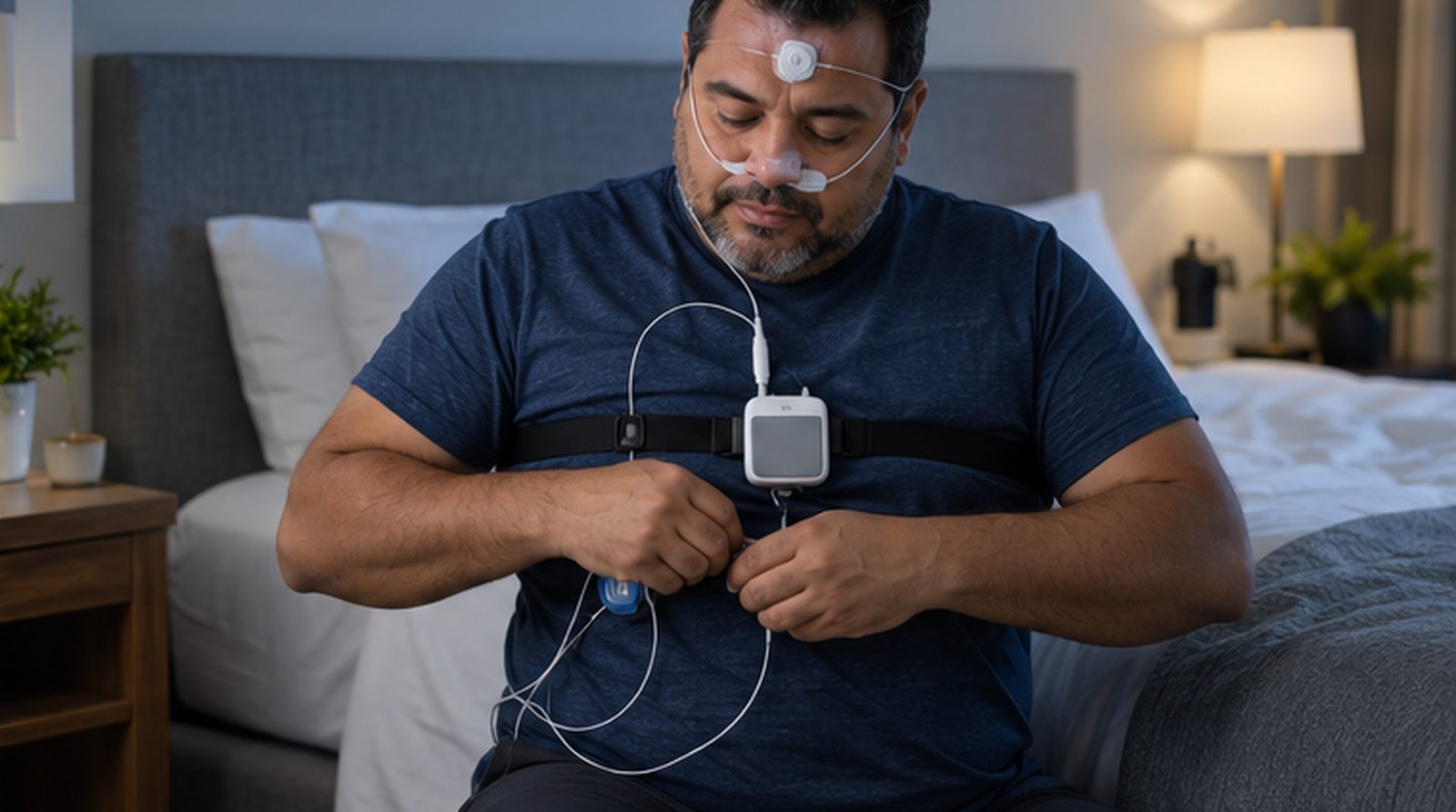 Hombre colocándose el dispositivo portátil para un estudio de apnea del sueño en casa