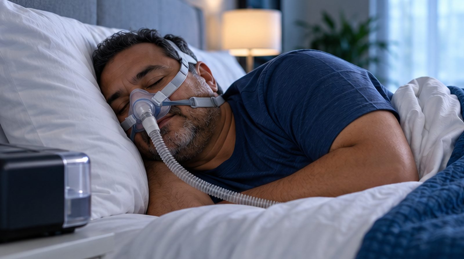 Hombre dormido en su cama usando una mascarilla y maquina CPAP para tratar la apnea del sueno
