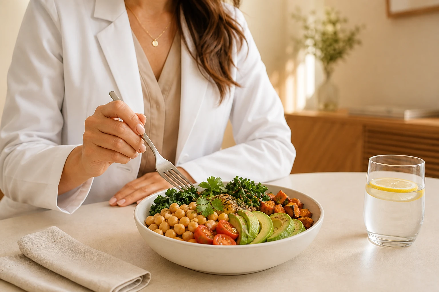 Profesional presenta un plato equilibrado durante una consulta de nutrición