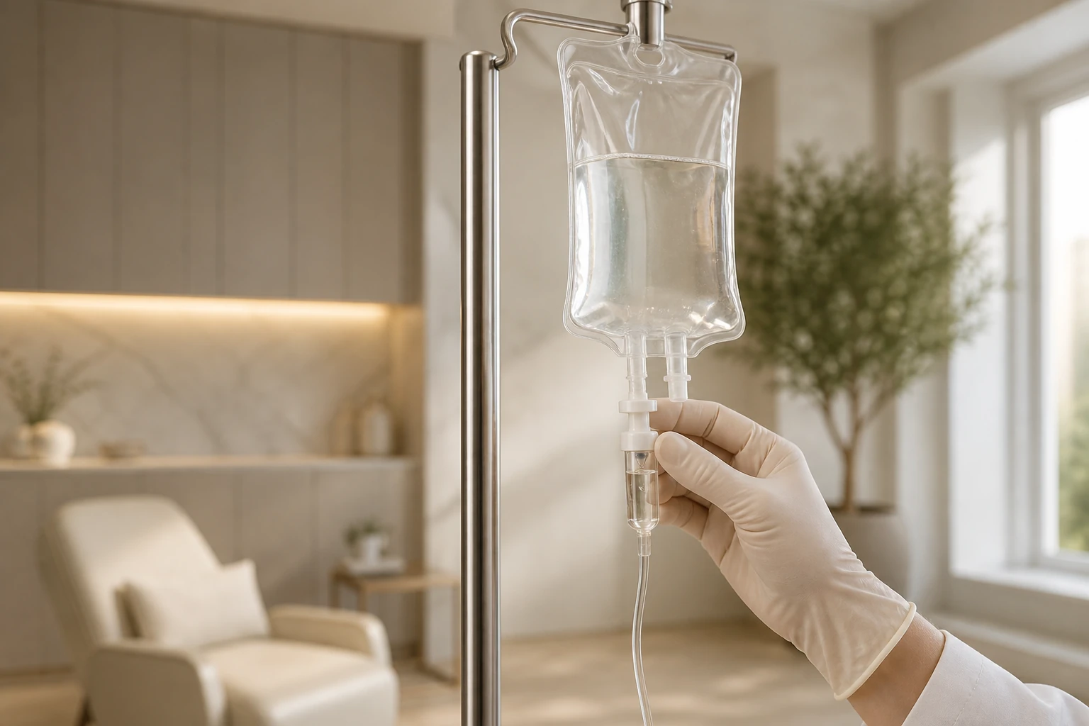 Profesional revisa una solución intravenosa en un entorno clínico controlado