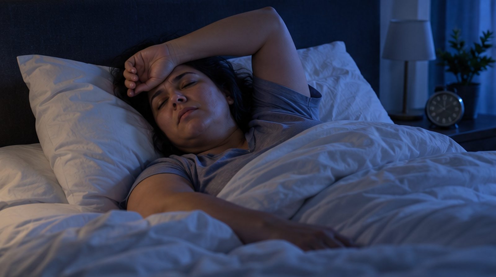 Mujer con el sueño interrumpido, despierta a media noche con el brazo sobre la frente